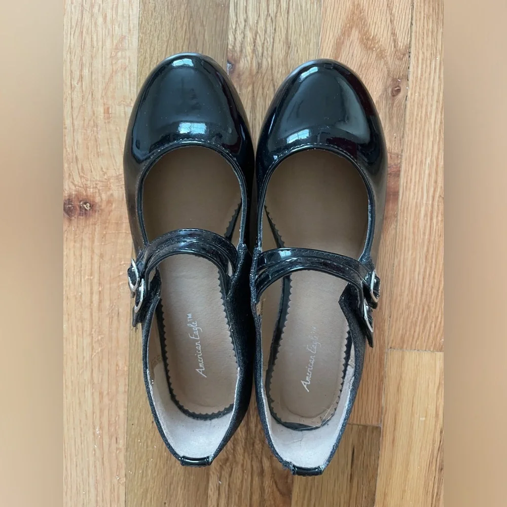 American eagle big girls black shiny glitter flat dress shoes US size 3